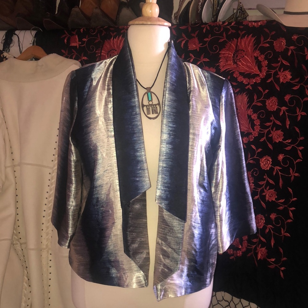 Chico’s- blue marbled color- satin jacket- 3/4 sleeves- lined- open front